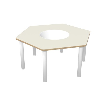 Tavolo Bebe Esagonale in Melaminico con Foro Centrale per Contenitore di Plastica e Piedini - Dimensioni 130 x 114 x 58 cm -