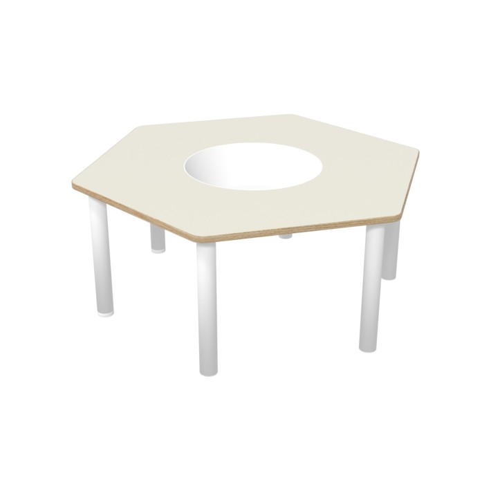 Tavolo Bebe Esagonale in Melaminico con Foro Centrale per Contenitore di Plastica e Piedini - Dimensioni 130 x 114 x 53 cm -