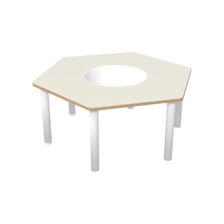Tavolo Bebe Esagonale in Melaminico con Foro Centrale per Contenitore di Plastica e Piedini - Dimensioni 130 x 114 x 53 cm -