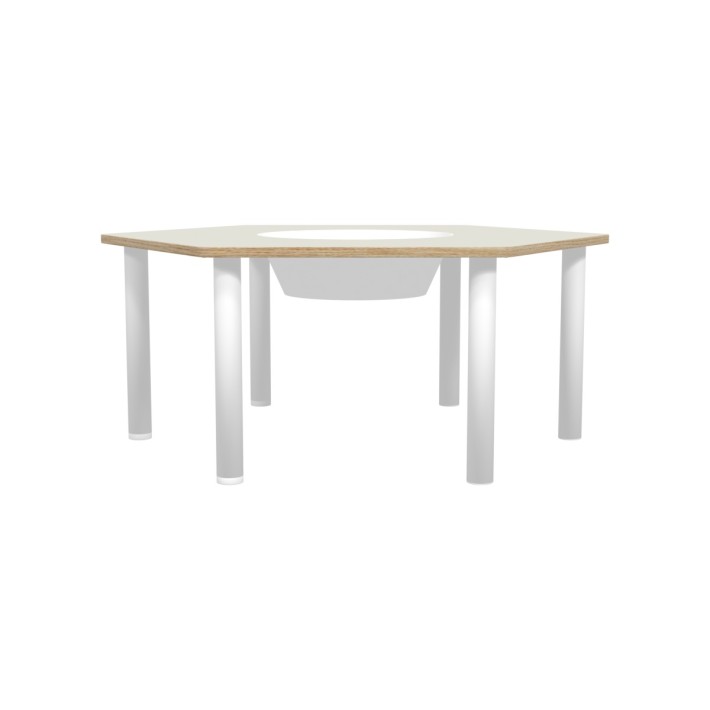 Tavolo Bebe Esagonale in Melaminico con Foro Centrale per Contenitore di Plastica e Piedini - Dimensioni 130 x 114 x 53 cm -