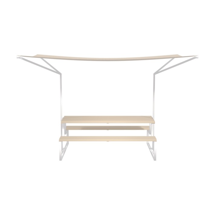 Panca e Tavolo con Parasole Modello Radura - Ripiano con Doghe - Dimensioni 230 x 342 x 223 cm - Colore Bianco