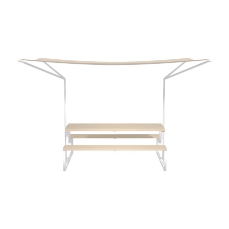 Panca e Tavolo con Parasole Modello Radura - Ripiano con Doghe - Dimensioni 230 x 342 x 223 cm - Colore Bianco