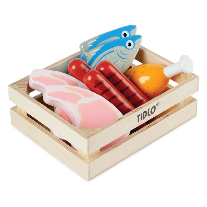 Set Gioco Cassetta con Carne e Pesce in Legno - Ideale per giochi di imitazione