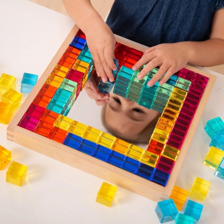 Vassoio Specchiato con 100 Cubi Colorati Traslucidi per l'Approfondimento dei Colori e del Conteggio